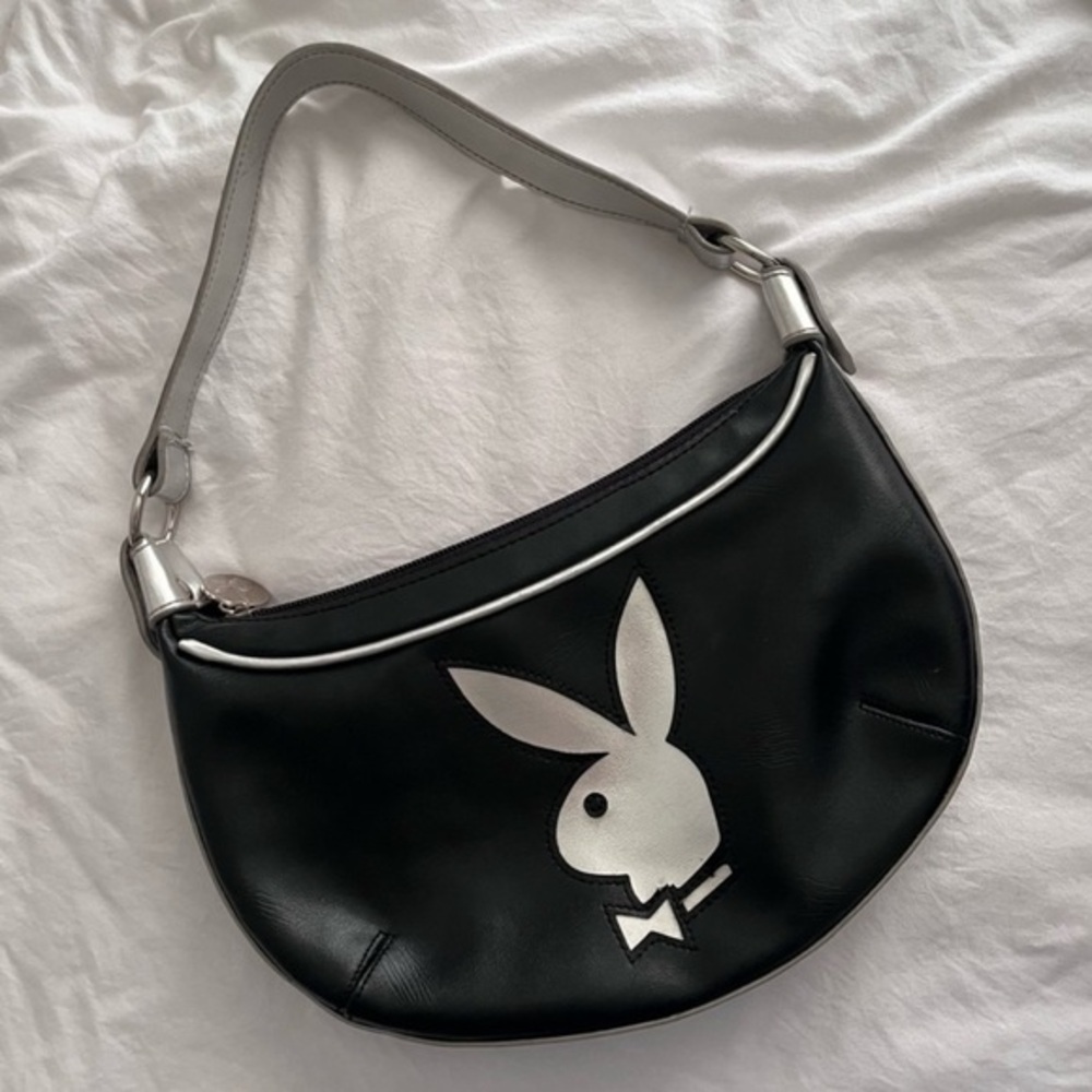 Playboy Y2K Metallic Hobo Handbag Black Bunny Silver Hardware​
